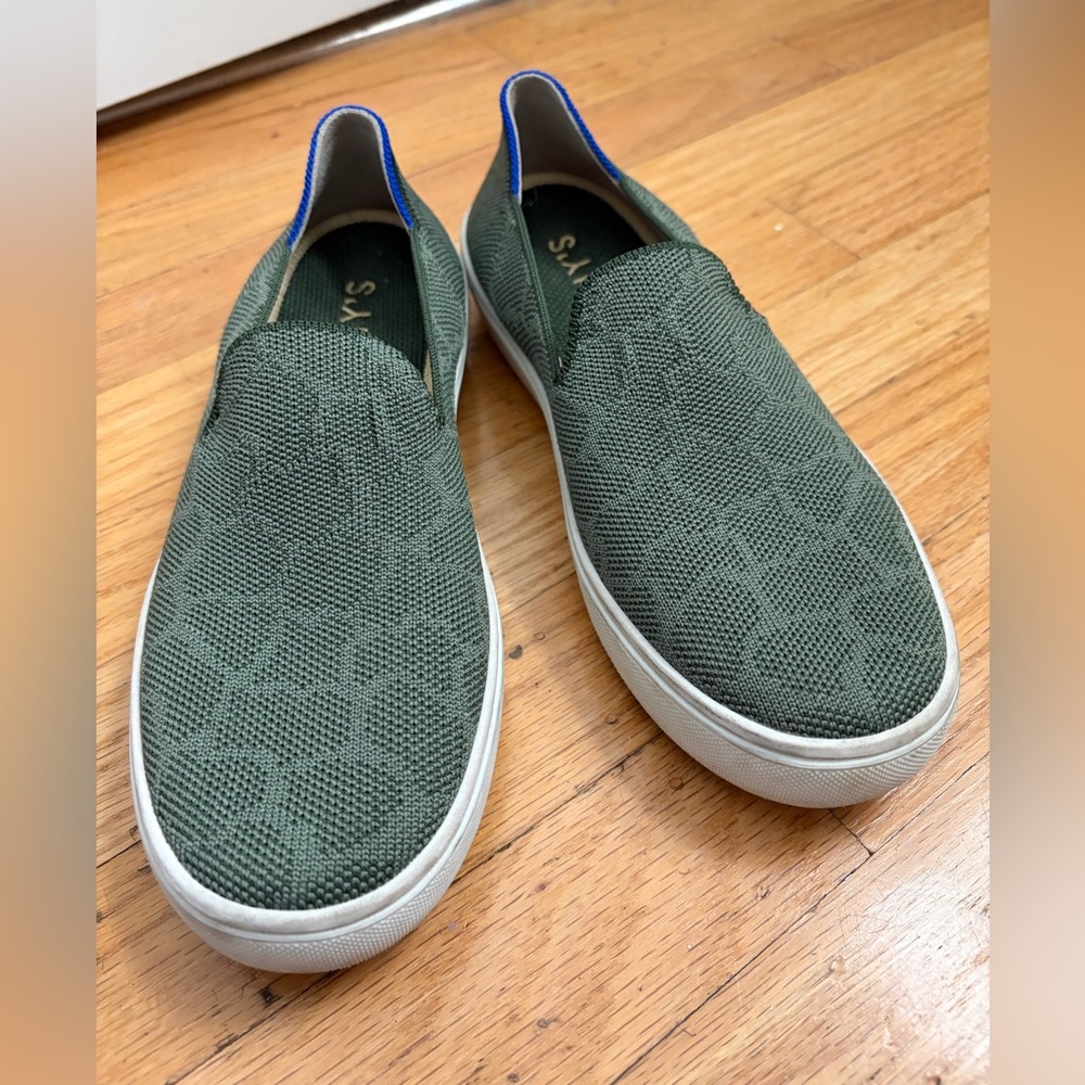 Rothy's Safari Green Knit Slip-On Loafers with Blue Heel Trim